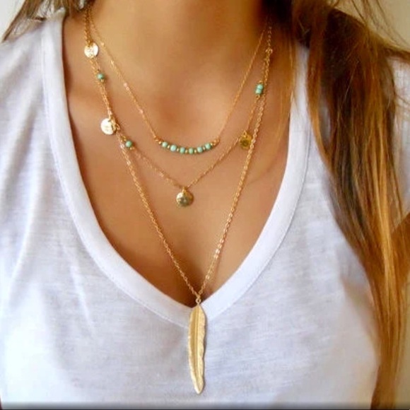 Jewelry - Multi-Layer Beaded Coin and Feather Necklace
